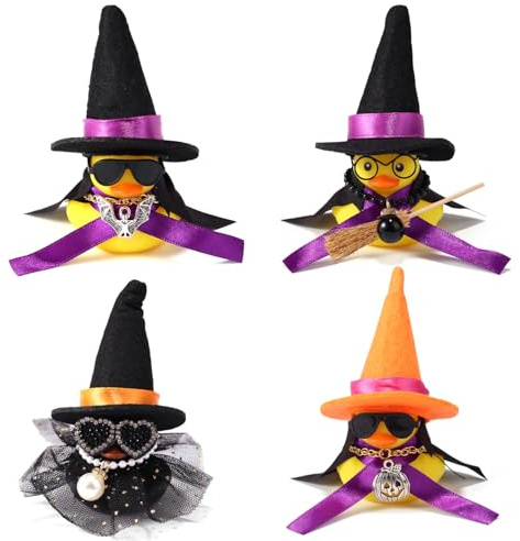 4stk Halloween-Gummienten, Coole Gummienten-Deko mit Hexenhut & Sonnenbrille Umhang Halskette Gruselige Halloween-Party-Giveaways für Trick-Or-Treat Süßigkeiten-Tüten Auto-Deko