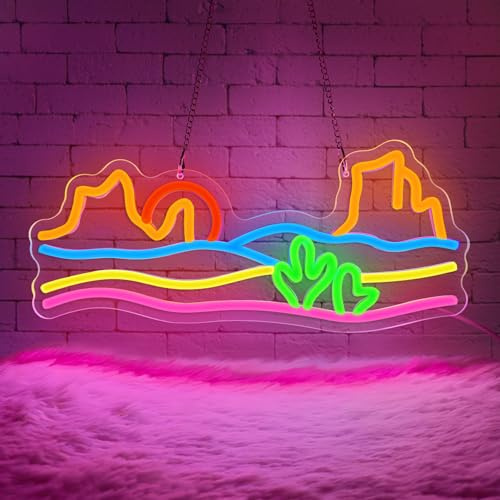 Lxmoneon Insegna al neon con montagna e tramonto, Insegne luminose per decorazioni murali, insegna a LED con paesaggio di cactus, luce al neon western per camera da letto, soggiorno, bar