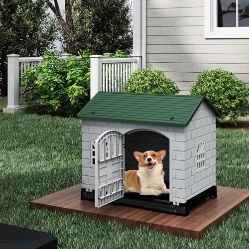GOPLUS Niche pour Chien Exterieur en PP, Cabane Chien Exterieur Interieur avec 3 Fenêtres, Porte Verrouillable, Toit en Pente, Plateau de Toilette Amovible, Ventilé&Imperméable, 75 x 58 x 65 CM (Vert)