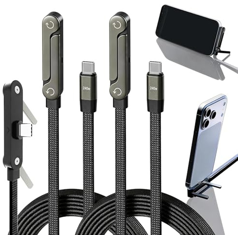 Invisible Foldable Holder Charger Cable with Stand, 240w Fast Charging Stand Sideways Data Cables with Bendphone Accessories, Flat USB c 5 FT/150cm, for iPhone 17 Series, S25 S24 Ultra (2Pcs Black)