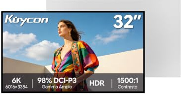 Kuycon G32X Monitor 31.5 pollici 6K 6016x3384 Minimalista - senza supporto | schermo opaco 1500:1 IPS 500 nit 60Hz 10 bit 98% DCI-P3 80Gbps ricarica 100W con supporto regolabile e telecomando