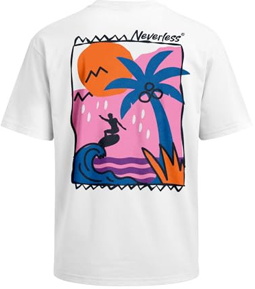 Neverless® Herren T-Shirt - Backprint Surfing - Oversized Relaxed Fit Sommer Fashion Streetstyle Weiss XL