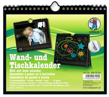 Ursus 5460090 - Wand- und Tischkalender Schwarz, aus Tonzeichenkarton, 170 g/m², 12 Monatsblätter, Größe 16,5 x 14 cm, zum Selbstgestalten und Basteln von Fotokalendern