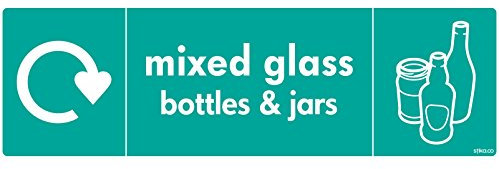 stika.co Set of 2 Mixed Glass & Bottles Recycling Sign – 200x60mm Self-Adhesive Vinyl Sticker – WRAP Recycle Now Label – ISO 7010 Compliant – Eco Waste Bin Sign
