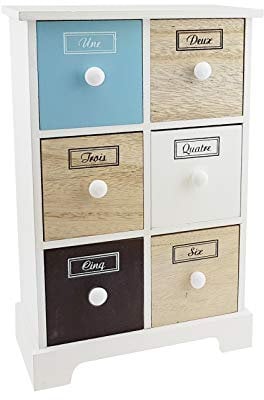 quantio Mini Schrank - 19,5 x 29,5 x 9,5 cm (BxHxT), 6 Schubladen, Holz, Weiß/Blau/Braun, Vintage Stil