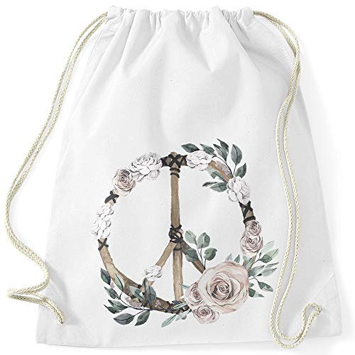 Autiga Turnbeutel Peace-Symbol Blumen Flowerpower Hippie Boho Bohemian weiß Unisize