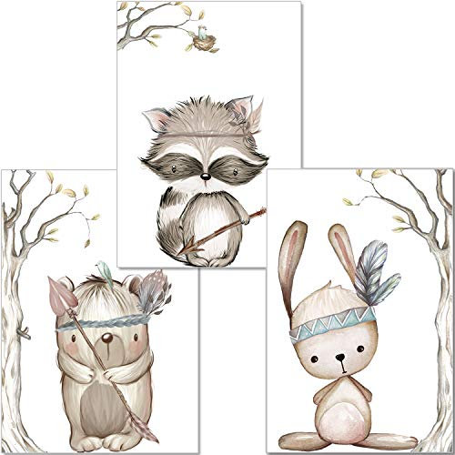 artpin® 3er Set Poster Kinderzimmer - A4 Bilder Babyzimmer Waldtiere - Deko Junge Mädchen (P23)