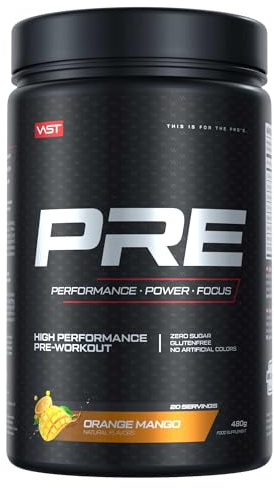 VAST Preworkout – Performance Pre Workout Booster – Trainingsbooster – CarnoSyn®, Creapure®, mit natürlichen Koffein – Vegan – Zuckerfrei – 20 Portionen – Made in Germany – Orange Mango