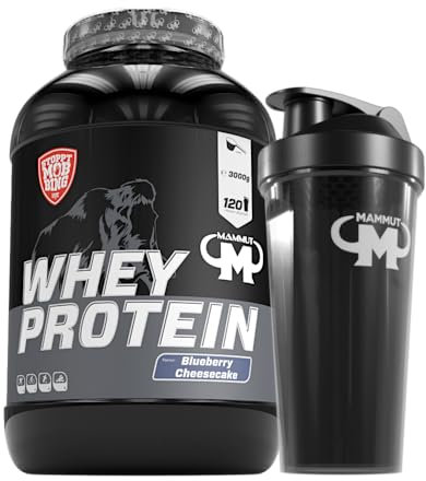 3kg Mammut Whey Protein Eiweißshake - Set inkl. Protein Shaker, Riegel, Powderbank oder Tasse Powderbank (Blueberry Cheesecake, Gratis Mammut Shaker)