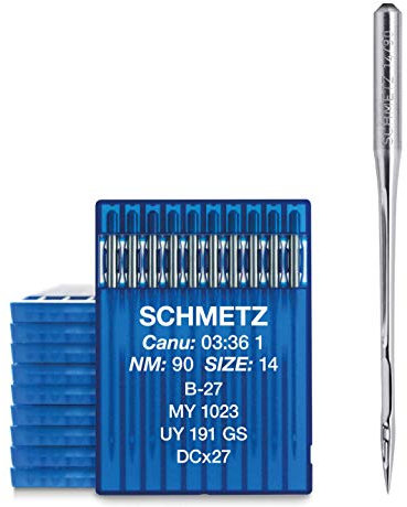 SCHMETZ | 100 Industrienähmaschinennadeln | Rundkolben | B-27, MY 1023, UY 191 GS, DCX27 und RIM 27 | Nadeldicke 90/14 | Hinweis: Überprüfen Sie das empfohlene Nadelsystem in der Bedienungsanleitung