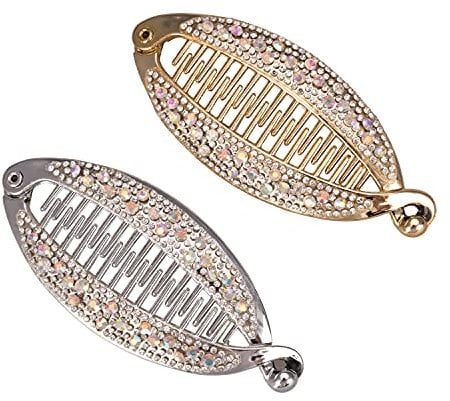 Euvoym 2 Pieces Banana Fish Hair Clip Rhinestone Fashion Banana Fish Combs Tort Toned Comb Long Hair Clips Fish Grip Slide Clip Ponytail Hair Comb Barrettes