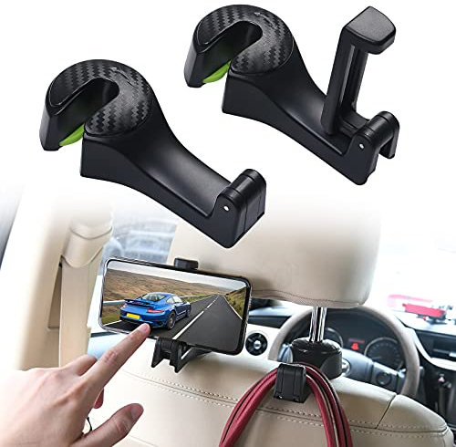 URAQT Auto Kopfstützen Haken, 2 Stück 2 in 1 Autositzhaken mit Handyhalterung 360° Versteckter Haken Drehbar Einstellbar Multifunktionaler Auto Haken Auto Kopfstütze Handyhalter für Autozubehör