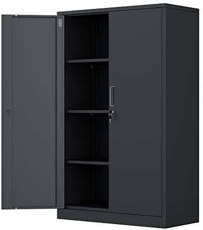 iJINGUR Metal Storage Cabinet with Locking Doors and 3 Adjustable Shelves, Lockable Steel Storage Cupboard for Home Office Garage Pantry (Black)