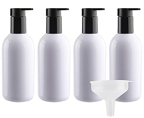 ZEOABSY 4 Stück Leere Weiß Flaschen aus PET-Kunststoff 300 ml Leere Flaschen Seifenspender Lotionspender Badzubehör mit Weißen Lotion-Pumpen + 1 x Trichter