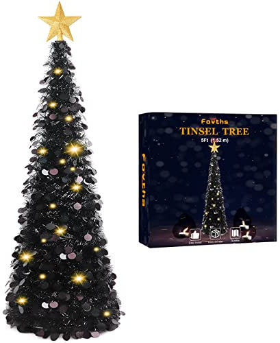 Fovths 5 Feet Christmas Black Tinsel Tree Coastal Glittery Collapsible Pop Up Artificial Tree with Gold Tree Topper 55 LED Lights for Christmas Decorations, Home Decor, Party Supplies