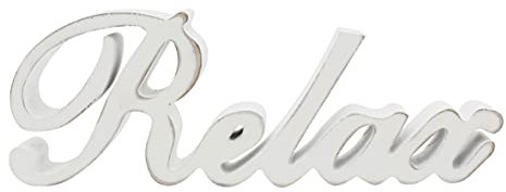 CVHOMEDECO. Rustikales Holzschild im Vintage-Stil, freistehend, Relax, Tischplatte/Regal/Wand/Büro, Dekoration, Kunst, 30,5 x 10,4 x 2,5 cm, Weiß