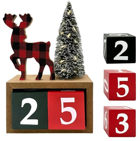 Eternhome Elch Weihnachtsbaum Countdown Adventskalender Bauernhaus Vintage Rustikaler Block Winter Urlaub Dekorationen für Zuhause Tisch Haus Küche