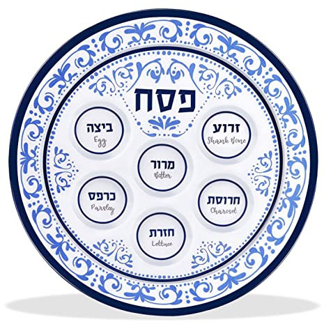 Passover Seder Plates 12 Melamine - 6 Section Plate Marked with Symbolic Pesach Seder Foods - Round Seder Tray for Adults, Children by Zion Judaica - Blue Floral Renaissance Single Passover Plate