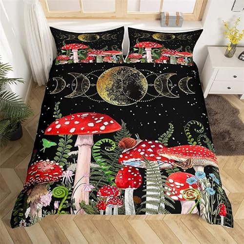 feelingyou Roter Pilz Bettwäsche-Set,Frühlingspilzpflanze Bettwäsche Set 135x200cm,MondBoho Betten Set für Kinder Jungen Mädchen Teenager 2St.Reißverschluss Mikrofaser