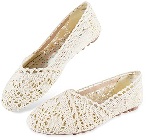 MACHSWON Women's Casual Pointed Toe Ballet Pumps Cut Out Slip On Ballerina Lace Flats Shoes (Apricot, Size 6)