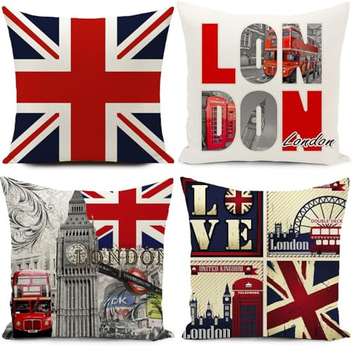 HUASHUZI Kissenbezüge mit Union Jack, London, England, UK-Flagge, Dekorationen, Geschenke, Vintage-Kissenbezüge, 45,7 x 45,7 cm, 4 Stück, Dekoration für Wohnzimmer, Bettwäsche, Sofa, Büro