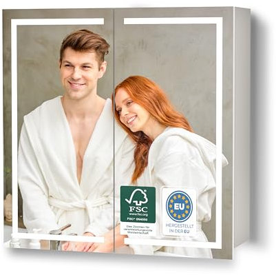 HAPA Design Premium Spiegelschrank-Bad-mit-Beleuchtung-60cm. Einfache Montage, in der EU gefertigt, gleichmäßige helle LED-Beleuchtung, Scharniere schwarz, Steckdose, Unterputz Montage möglich.