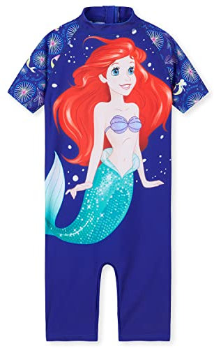 Disney Badeanzug Mädchen, Neoprenanzug Kurze Ärmel, Kurze Hose & Reißverschluss - Mädchen Geschenke (Blau Arielle, 7-8 Jahre)