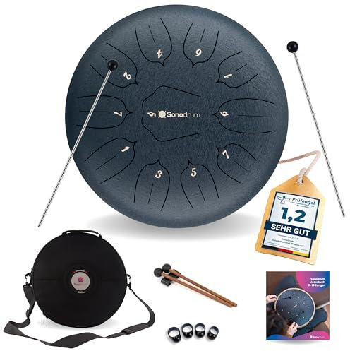 Sonodrum Zungentrommel Standard D-Dur in Dunkeblau - 30 cm groß mit 11 Tönen - Steel Tongue Drum inkl. Liederbuch, Schlägel, Fingersticks und Tragetasche - Notenlesen nicht nötig, einfach zu spielen