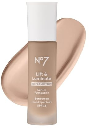 No7 Lift & Luminate Triple Action Serum Foundation - Porcelain Liquid Makeup with SPF 15 for Dewy, Glowy Base Radiant Mature Skin (30ml) 0.14 pounds