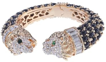 Trillion London Bracelets manchette guépard ornés de cristaux de lion à deux têtes | Accessoires de fête et de mariage élégants pour femmes | Plaqué or avec cristaux étincelants