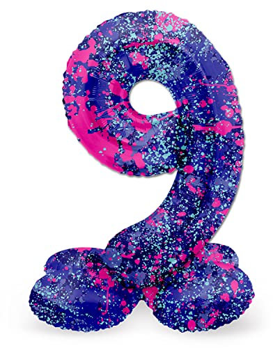 Folat 64779 Luftballon Geburtstag Stehender Ziffer Zahl 9 Paint Splash Lila Weltraum 41 cm - Decoration Geburtstagdeko, Ballon Zahl, Kein Helium erforderlich