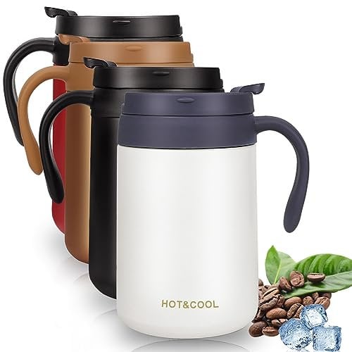 Coffee Cup 500ml, Thermal Travel Mug with Handle and Lid, Insulated Vacuum Double Walled Coffee Mug for Hot and Cold Drinks, Stainless Steel Portable Reusable Coffee Flask for Office/School/Car, White