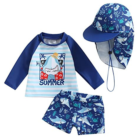 Nouveau-né Bébé Garçon Maillot de Bain 2 Pièces Anti-UV T-Shirt Manches Longues + Short de Bain + Chapeau de Soleil Costume de Natation (Bleu Rayé Requin, 3-4 Years)