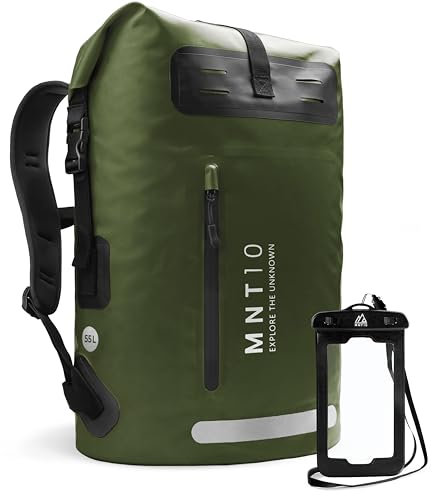 MNT10 Wasserdichter Rucksack mit vertikaler Vordertasche 35L & 55L | Rückseite mit EVA-Polsterung | Innenfach mit Reißverschlusstasche und Schlüsselhalter | inklusive Handyhülle (Dark Green, 35L)