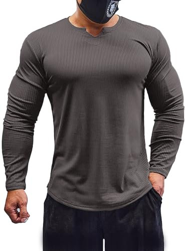 Muhshoiy Men's Slim Fit Muscle Shirt V Neck Short & Long Sleeve Sport T-Shirt Underwear Casual Tee Stretch Solid Athletic Shirts/Grey/XL