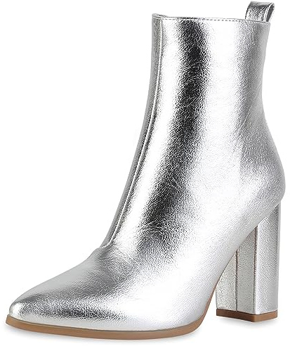 VAN HILL Damen Klassische Stiefeletten Blockabsatz Basic Trendy Schuhe 213280 Silber 36
