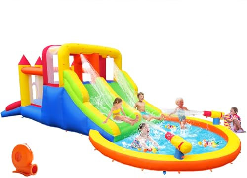 Umbalir Inflatable Bouncy Castle with 4 Slides, Large Bounce House with Spray Slide Trampoline Water Pool, Inflatable Water Slide with Blower for Kids Toddlers Outdoor Indoor, 6.28 x 2.93 x 1.95m