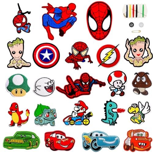 Rocking Planet Flicken zum Aufbügeln Kinder,22 Stück Patches zum Aufbügeln Set,Bügelflicken Kinder Cars,Aufnäher Kinder,Bügelbilder Kinder für Kleidung Jacken Rucksäcke Jeans Patches