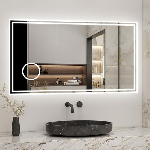 Biubiubath 1200x700mm Bathroom Mirror with LED Lights and Bluetooth Speakers,Clock,3x Magnifying Demister Dimmable 3 Light Colours Memory Horizontal
