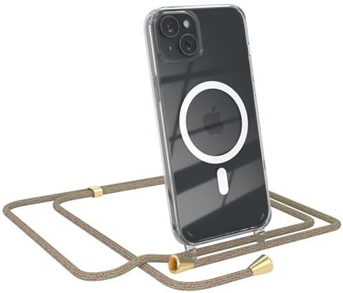 EAZY CASE - Handykette kompatibel mit iPhone 15 Plus Kette zum Umhängen Stoßfest Handyhülle für iPhone 15 Plus Silikon Hülle mit Band Handytasche Transparent als Fallschutz in Rainbow
