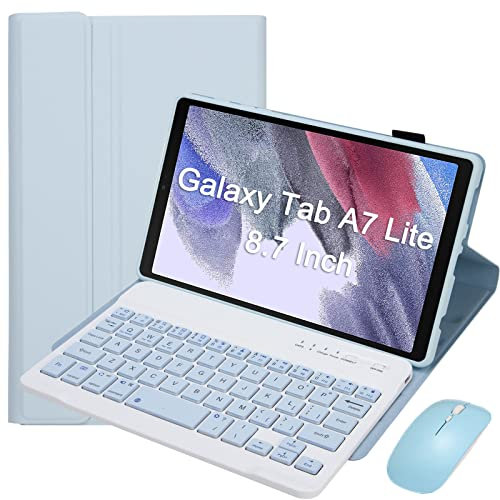 VLEAQC Funda con Teclado para Samsung Galaxy Tab A7 Lite 8,7 Pulgadas 2021, Teclado y Ratón Bluetooth inalámbricos Desmontables, Funda Protectora Delgada y Ligera (SM-T220/T225/T227),Azul