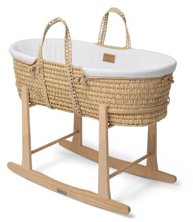 Clair de Lune Bio-Palmen-Moseskorb mit natürlichem Schaukelständer, preisgekrönter Baby-Stubenwagen 75 x 28 cm (Weiß)