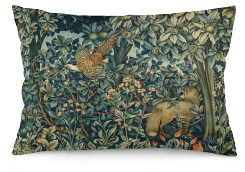 Greenery Forest Animals Fasan Fox Green Floral William Morris Dekokissenbezüge 30,5 x 50,8 cm, ästhetisches Kissen, Samt, dekorativer Kissenbezug, Heimdekoration, Wohnzimmer, Kissenbezug für Bett,