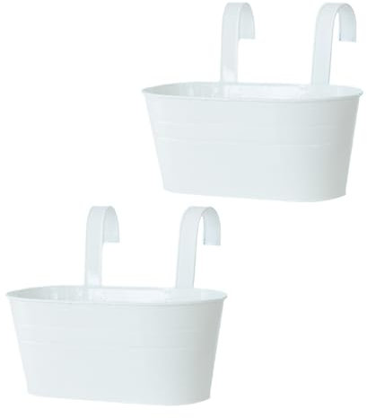 XZJMY 2 Stück hängende Blumentöpfe Metall Eisen Eimer Pflanzgefäß Metall Eimer Blumenhalter mit Haken Indoor Outdoor Dekor für Geländer Zaun Balkon Garten (Weiß (28 x 13 x 22 cm)