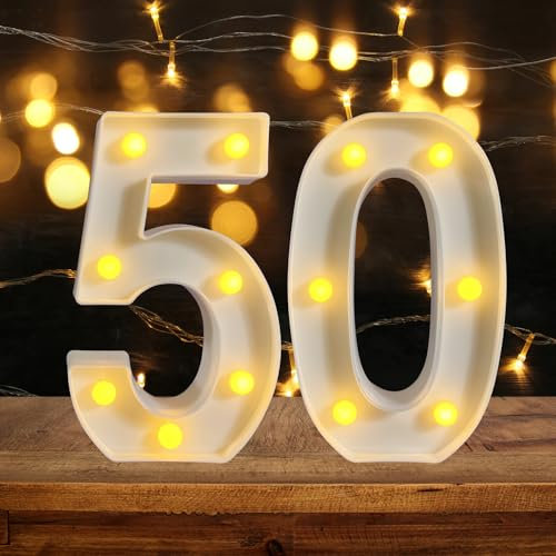 ZUOKEMY 50th Birthday Decoration LED Light up Numbers, Birthday Number Sign Light for Birthday Party Decoration Night Lit Anniversary Background Home Decoration Party (Number 50, White)
