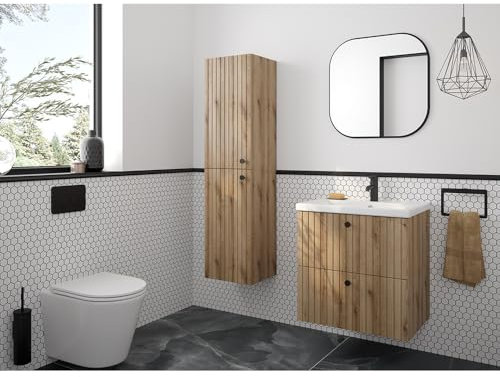 Lomadox Badmöbel Set 3-teilig, 60 cm Waschtisch, Spiegel, Hochschrank in Eiche