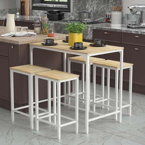 anrekl Esstisch und Stuhlset, Bartisch mit 4 Stühlen, Küche Wohnzimmertheke, Bartheke, Stahlgestell, Industriedesign, Bartisch 100x60x90CM, Barstuhl 30x40x65CM, Eiche gemasert