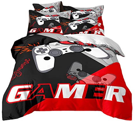 ZZTBQ Gaming Gamepad Housse de Couette pour Chambre d'enfant 1 Personne 90x190/65x65 (2 Piece) Lit Enfant Gamer Bleu Noir Blanc Rouge Jeu Vidéo Parure de lit pour Lit Enfant