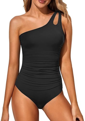 Generic Donna Costume da Bagno Intero Monospalla, Costume da Bagno A Copertura Totale, Costume Modellante, Costume Intero Imbottito Removibile, M, Z-nero-3