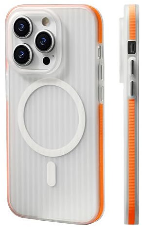 AirGear® Wavy - iPhone 15 Hülle MagSafe - Handyhülle iPhone 15, Hülle iPhone 15, iPhone 15 Case MagSafe - kompatibel mit MagSafe (White-Orange, iPhone 15)